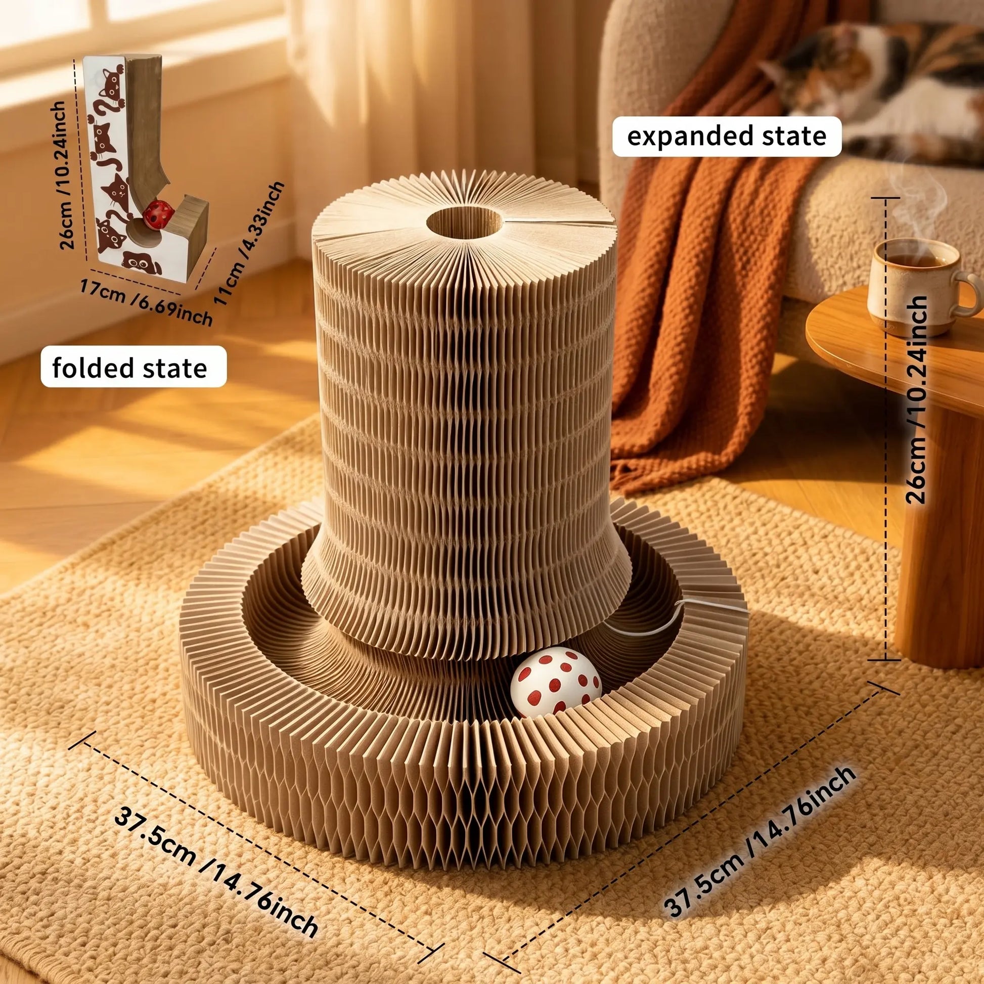 Eco-Friendly Foldable Cat Scratcher Post with Multi-Form Interactive Trackball Toy - 14.8" Base Diameter x 10.2" Height