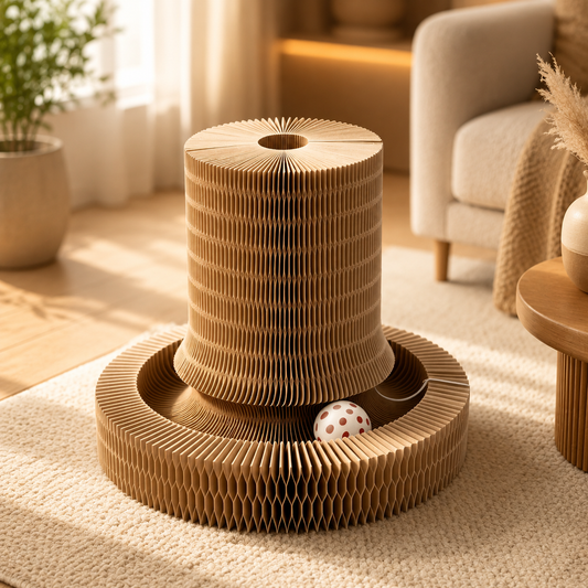 Eco-Friendly Foldable Cat Scratcher Post with Multi-Form Interactive Trackball Toy - 14.8" Base Diameter x 10.2" Height