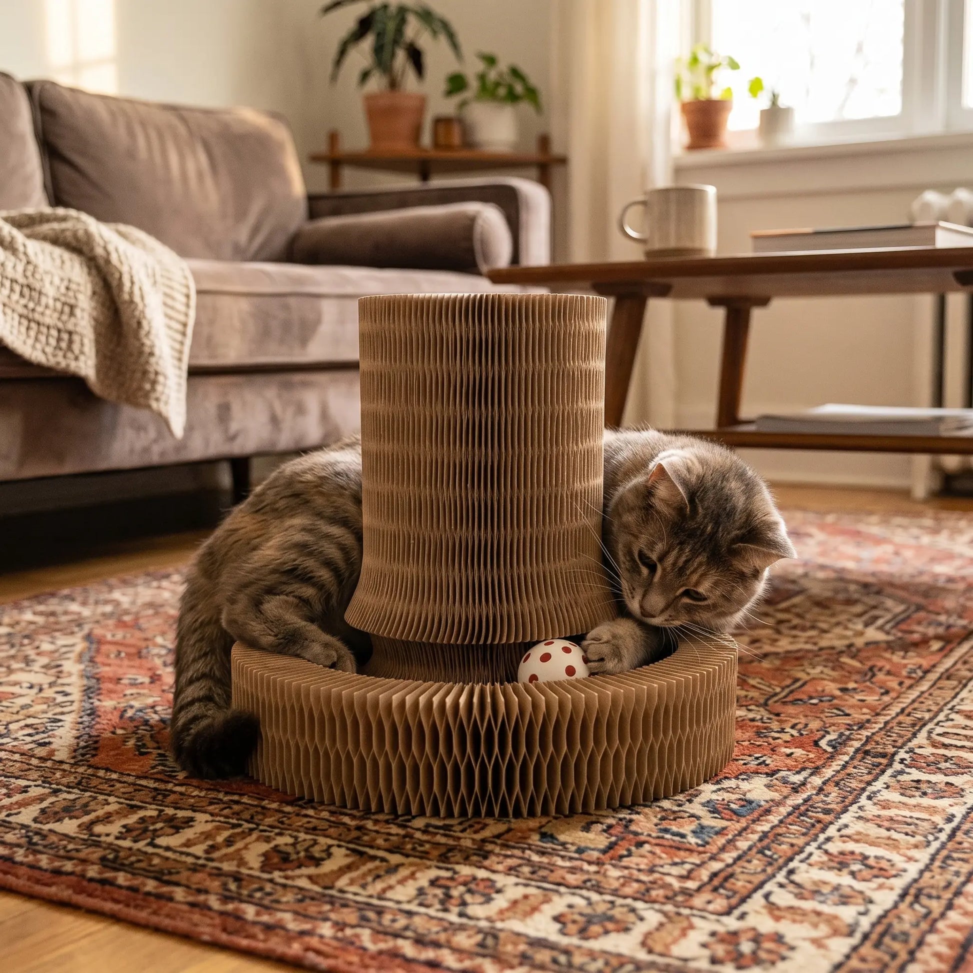 Eco-Friendly Foldable Cat Scratcher Post with Multi-Form Interactive Trackball Toy - 14.8" Base Diameter x 10.2" Height