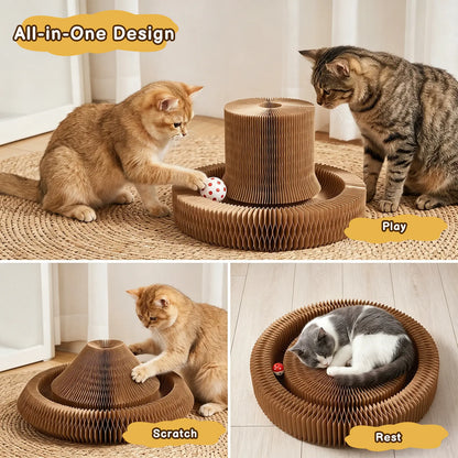 Eco-Friendly Foldable Cat Scratcher Post with Multi-Form Interactive Trackball Toy - 14.8" Base Diameter x 10.2" Height